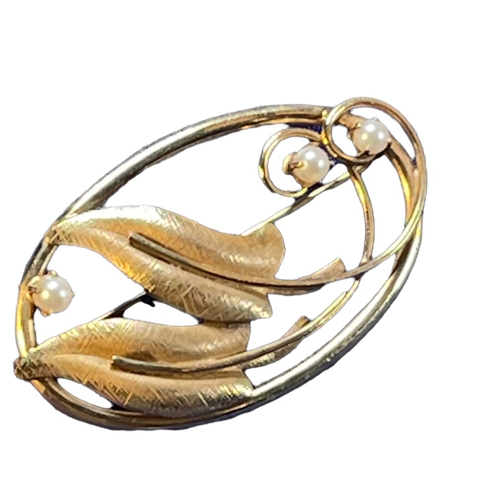 1960s 12k Gold filled real Pearl leaf gold brooch Beauty! vintage - Picture 1 of 6